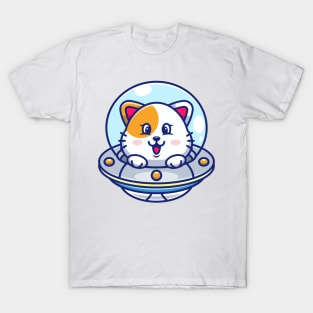 Cute cat flying with spaceship ufo cartoon T-Shirt